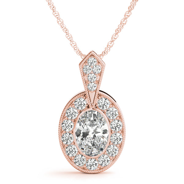 14K Rose Gold Oval Diamond Halo Pendant Necklace