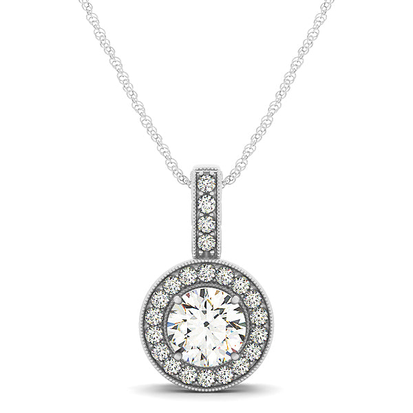 14K White Gold Round Diamond Pendant Necklace