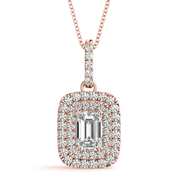 14K Rose Gold Emerald Diamond Halo Pendant