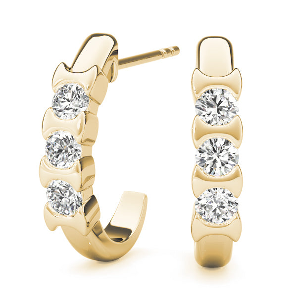 14K Yellow Gold Round Diamond Three Stone Earring