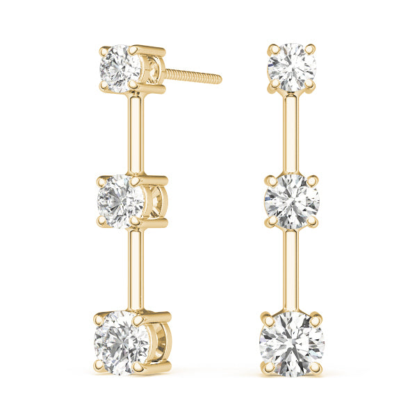 14K Yellow Gold Round Diamond Three Stone Earrings