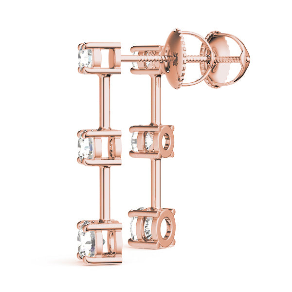 14K Rose Gold Round Diamond Three Stone Earrings