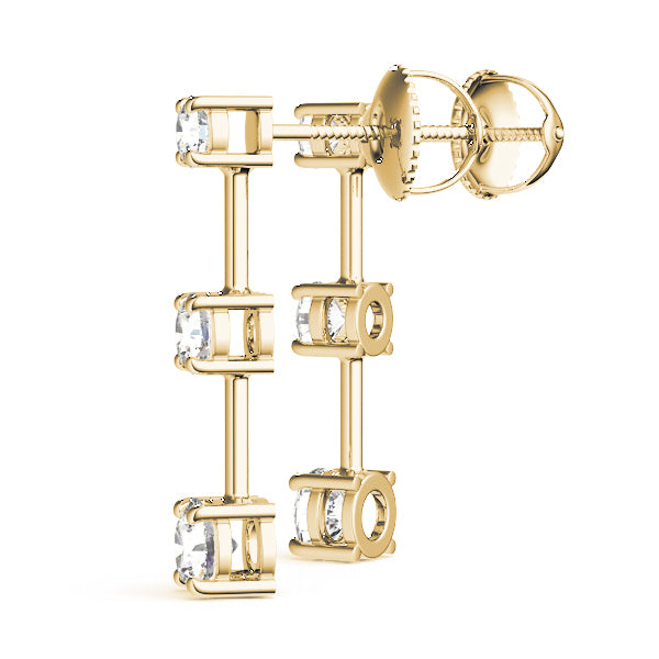 14K Yellow Gold Round Diamond Three Stone Earrings