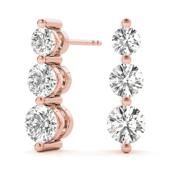 14K Rose Gold Round Diamond Three-Stone Earrings