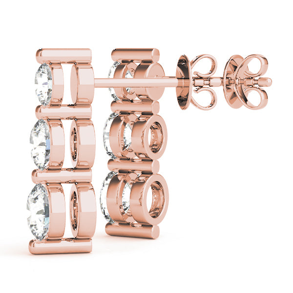 14K Rose Gold Round Diamond Three-Stone Earrings