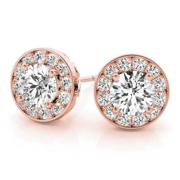 14K Rose Gold Round Diamond Halo Earrings