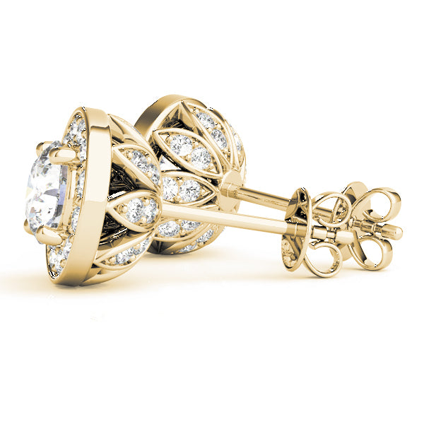 Yellow Gold Round Diamond Halo Earrings - Lab Created