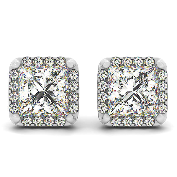 14K White Gold Round Diamond Square Halo Earrings