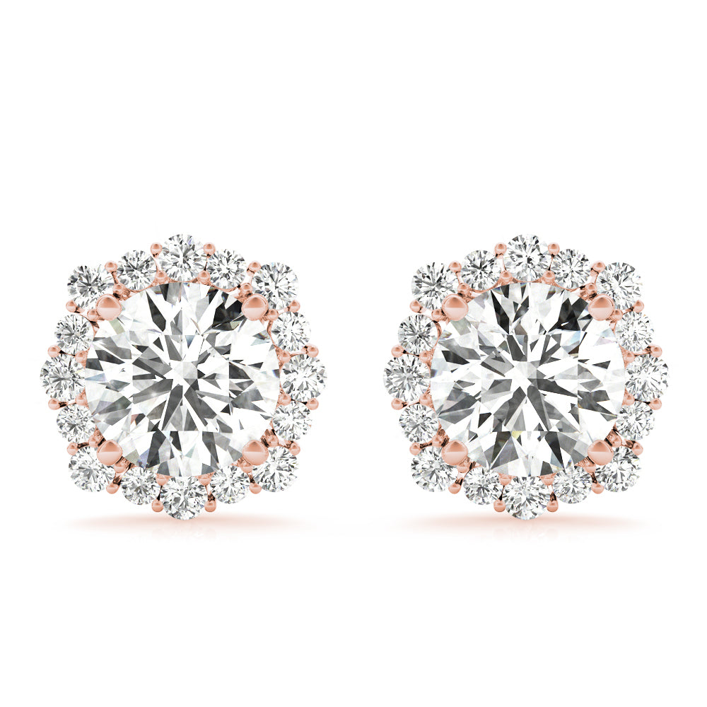 14K Rose Gold Round Diamond Halo Earrings