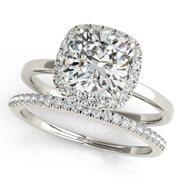 14K White Gold Cushion Diamond Engagement Ring with Halo