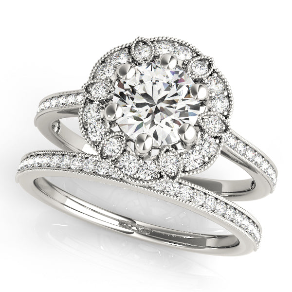 Vintage Nature-Inspired Round Floral Halo Diamond Engagement Ring with Channel Band