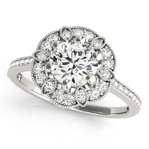 Vintage Nature-Inspired Round Floral Halo Diamond Engagement Ring with Channel Band