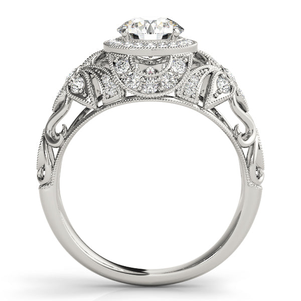 Antique Style Round Diamond Halo Engagement Ring with Accent Pieces