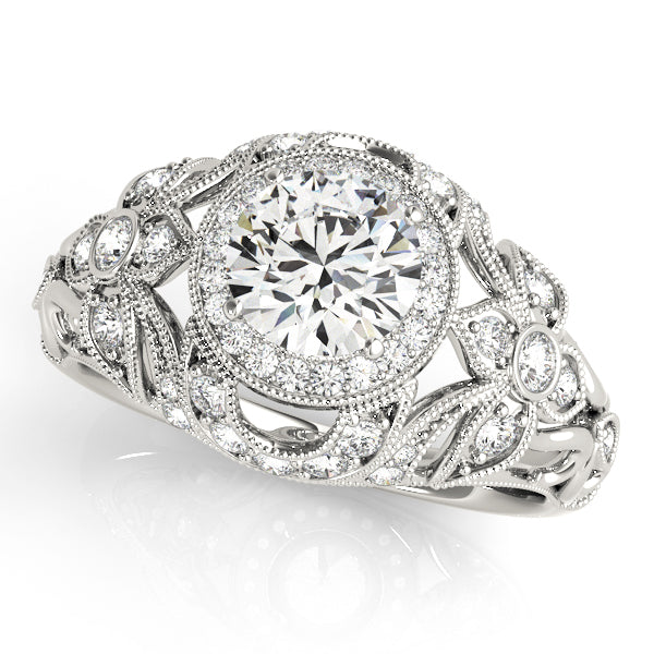 Antique Style Round Diamond Halo Engagement Ring with Accent Pieces