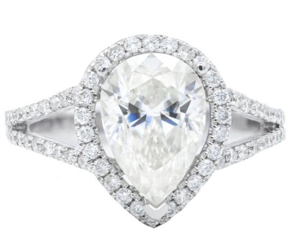 Contemporary Pear-Shaped Diamond Halo with Split Shank Pave Engagement Ring